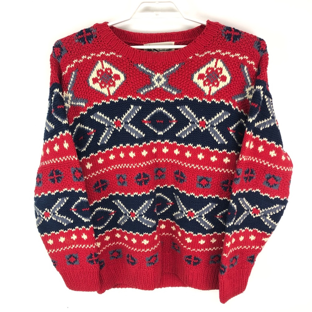 Vintage Red Blue Abstract Chunky Handknit Sweater